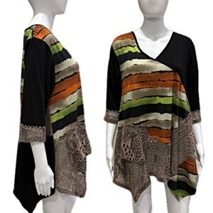 Aster by Firmiana Tunic Womens Size XL Crochet Lace Striped Print Sharkbite Hem